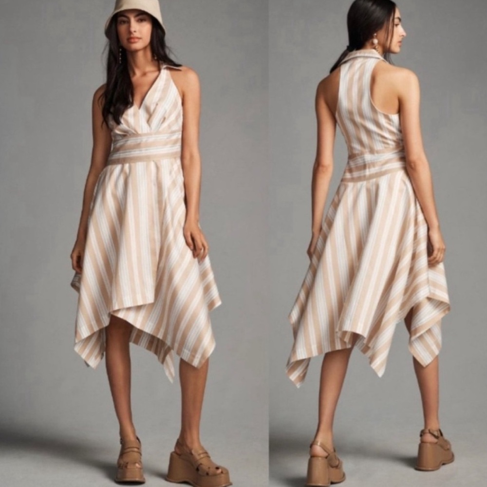 Maeve Asymmetrical Wrap Shirt Dress White Tan Blue Size 8